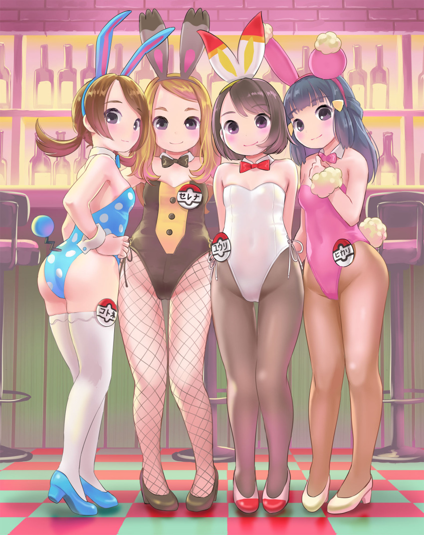4girls, animal_ears, arms_behind_back, azumarill, azumarill_(cosplay), bare_shoulders, black_bow, black_eyes