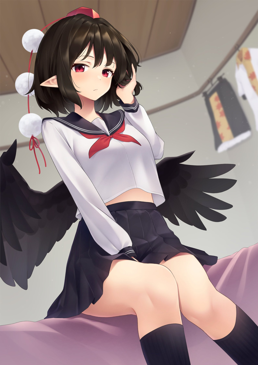 1girl, :/, alternate_costume, bangs, bed, between_legs, bird_wings, black_hair