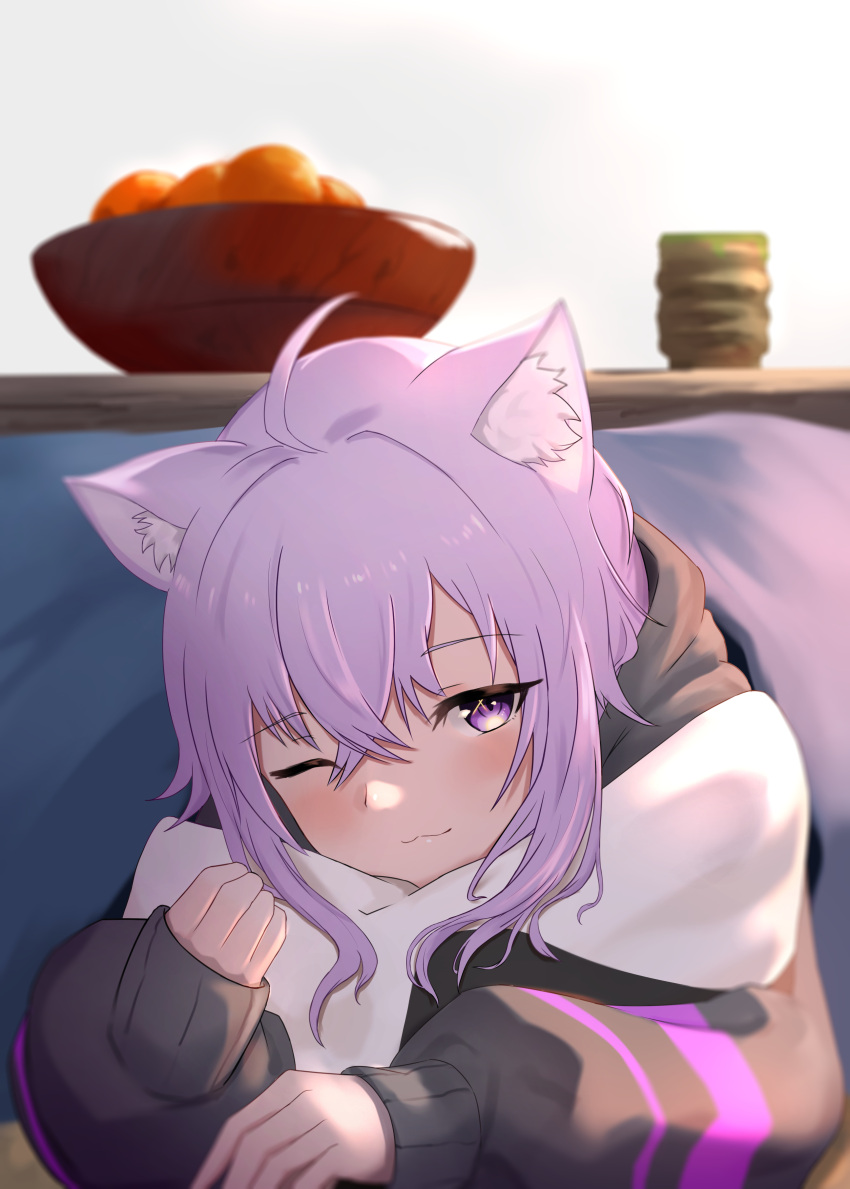 1girl, ;3, absurdres, ahoge, animal_ear_fluff, animal_ears, cat_ears, cup