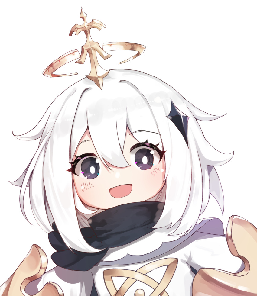 1girl, :d, absurdres, black_scarf, eyebrows_visible_through_hair, eyes_visible_through_hair, genshin_impact, grey_eyes