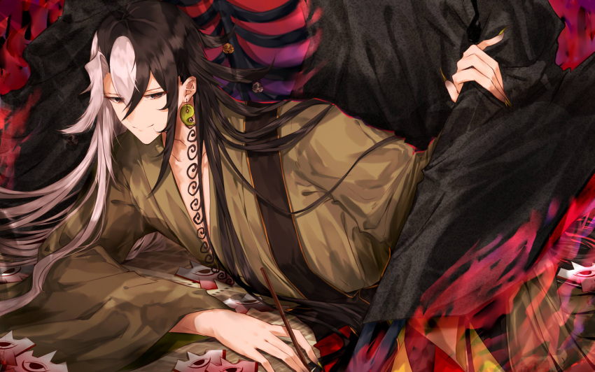 1boy, alternate_costume, ashiya_douman_(fate), asymmetrical_hair, bishounen, black_cloak, black_eyes, black_hair