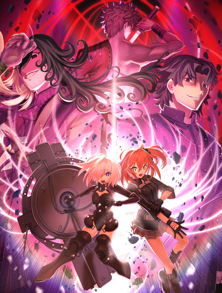 2girls, 3boys, absurdres, ashiya_douman_(fate), asymmetrical_clothes, asymmetrical_hair, bare_back, black_eyes