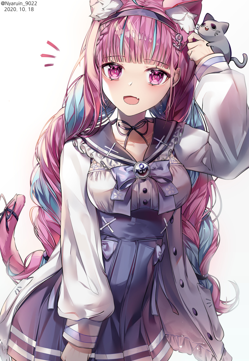 1girl, :d, absurdres, adjusting_hair, ahoge, anchor_hair_ornament, animal_ears, bangs