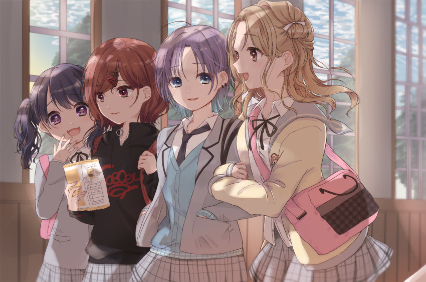 4girls, ahoge, artist_request, asakura_tooru, backpack, bag, black_hair, black_neckwear