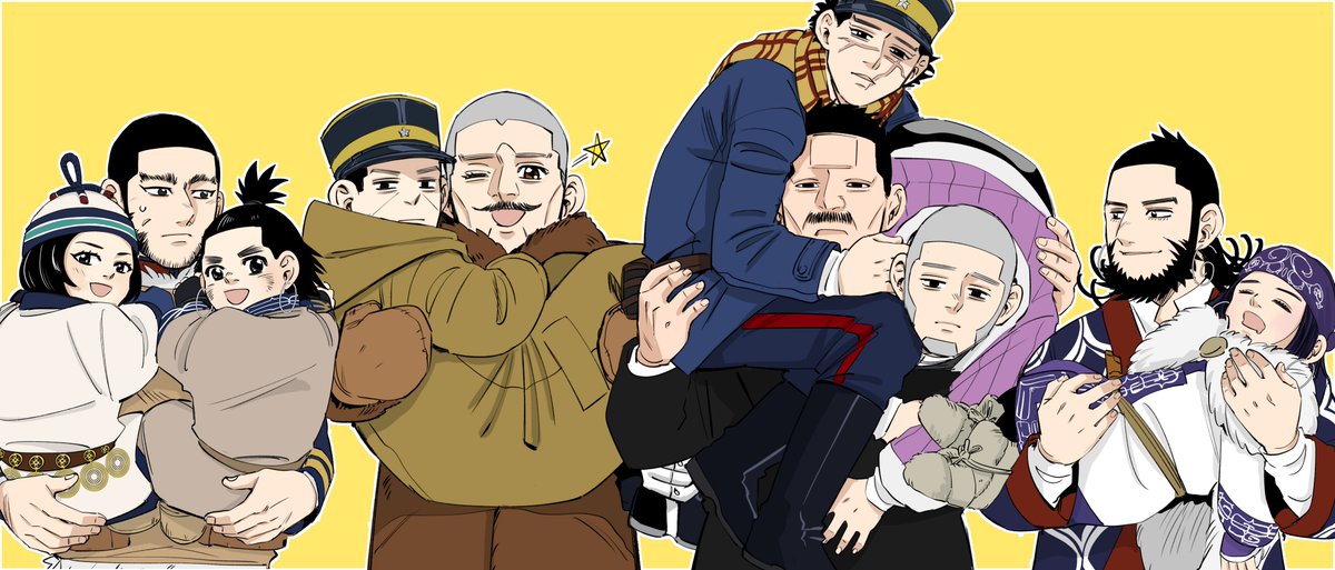 2girls, 6+boys, :d, :o, ahoge, ainu_clothes, asirpa, beard