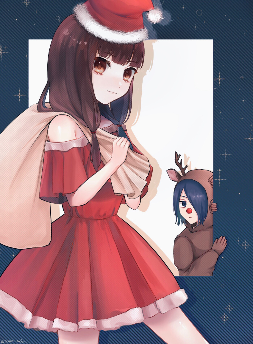 1boy, 1girl, animal_costume, bare_shoulders, brown_eyes, brown_hair, closed_mouth, dress