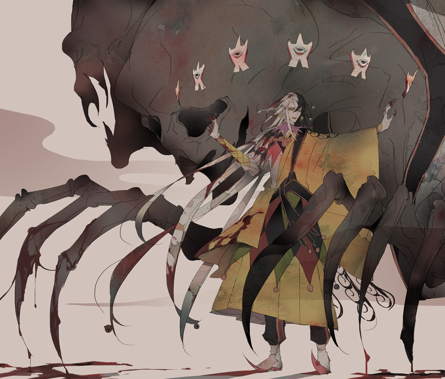 1boy, ashiya_douman_(fate), asymmetrical_clothes, asymmetrical_hair, black_eyes, black_hair, blood, bloody_hands