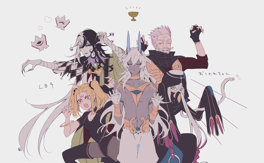 1girl, 4boys, arjuna_alter, asclepius_(fate), ashiya_douman_(fate), asymmetrical_clothes, asymmetrical_hair, black_eyes