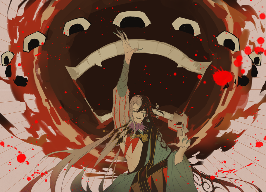 1boy, akimitsu-dono, arm_up, ashiya_douman_(fate), asymmetrical_clothes, asymmetrical_hair, black_eyes, black_hair