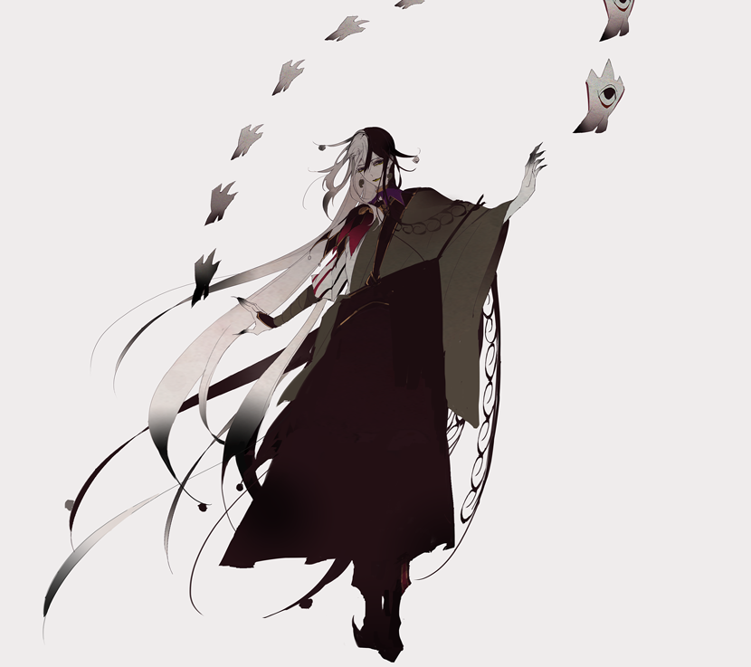 1boy, ashiya_douman_(fate), asymmetrical_clothes, asymmetrical_hair, black_eyes, black_hair, curly_hair, earrings