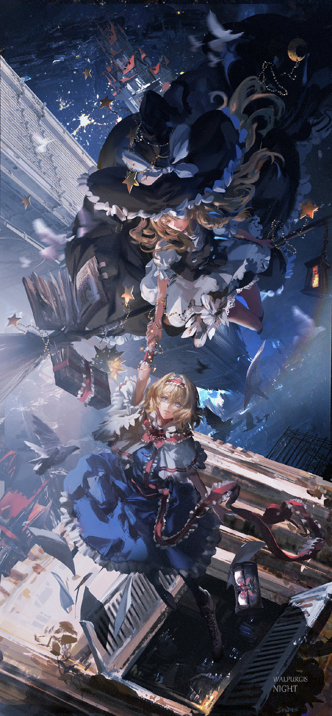 2girls, alice_margatroid, bird, black_dress, black_footwear, black_headwear, blonde_hair, blue_dress, book, boots, bow, dress, fence, grey_eyes, grimoire, hat, hat_bow, headband, highres, holding_hands, hourglass, kirisame_marisa, long_sleeves, multiple_girls, open_book, outoors, purple_bow, red_headband, red_ribbon, ribbon, short_hair, short_sleeves, star_(symbol), stu_dts, touhou, white_bow, witch_hat