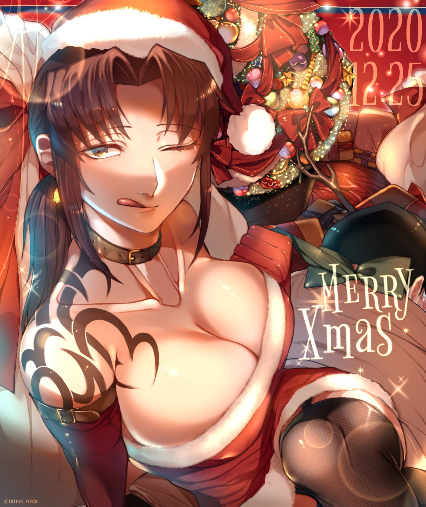 1girl, ;q, bare_shoulders, black_collar, black_lagoon, black_legwear, breasts, brown_eyes, brown_hair, christmas, collar, commentary_request, crossed_legs, dated, dress, elbow_gloves, from_above, fur-trimmed_dress, fur-trimmed_headwear, fur_trim, garter_straps, gloves, hat, highres, large_breasts, licking_lips, long_hair, looking_at_viewer, merry_christmas, mirei_(with), one_eye_closed, ponytail, red_dress, red_headwear, revy_(black_lagoon), santa_dress, santa_hat, shoulder_tattoo, sitting, solo, tattoo, thick_thighs, thigh-highs, thighs, tongue, tongue_out