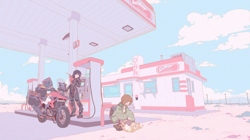2girls, alternate_costume, backpack, bag, biker_clothes, bikesuit, black_hair, blue_sky