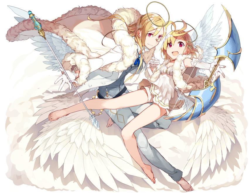 1boy, 1girl, angel, angel_wings, bare_shoulders, barefoot, blonde_hair, blue_neckwear