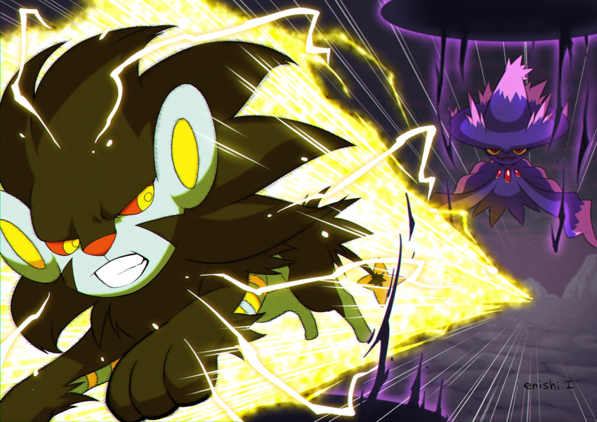 :3, battle, clenched_teeth, commentary_request, creature, electricity, emphasis_lines, enishi_(menkura-rin10)