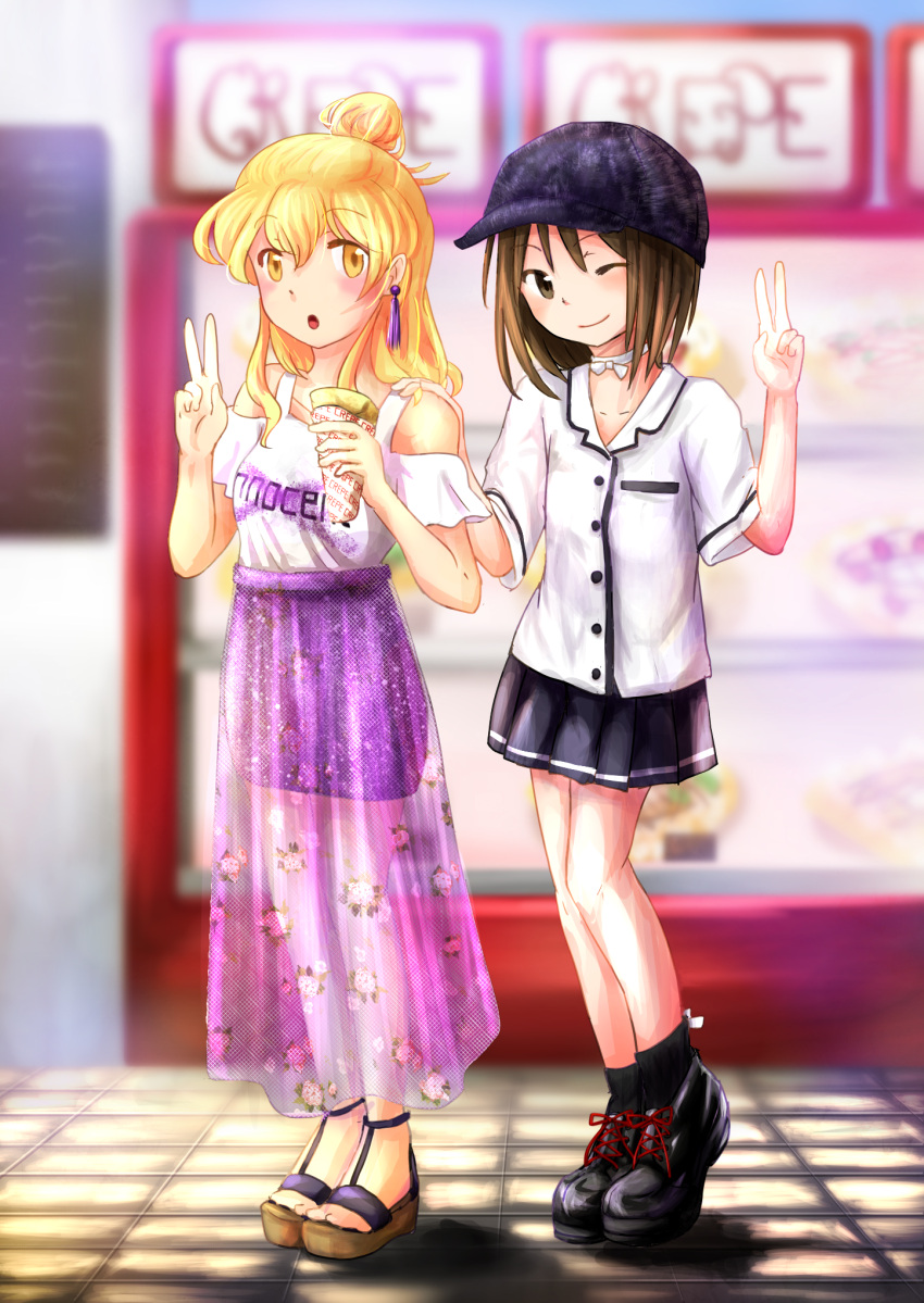 2girls, alternate_hairstyle, black_footwear, black_legwear, black_skirt, blonde_hair, brown_eyes, brown_hair