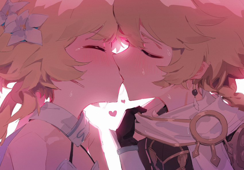 1boy, 1girl, aether_(genshin_impact), blonde_hair, blush, brother_and_sister, earrings, face-to-face, flower, genshin_impact, gloves, gua61, hair_flower, hair_ornament, heart, highres, incest, jewelry, kiss, lumine_(genshin_impact), multiple_girls, saliva, saliva_trail, scarf, scarf_grab, siblings, sweatdrop