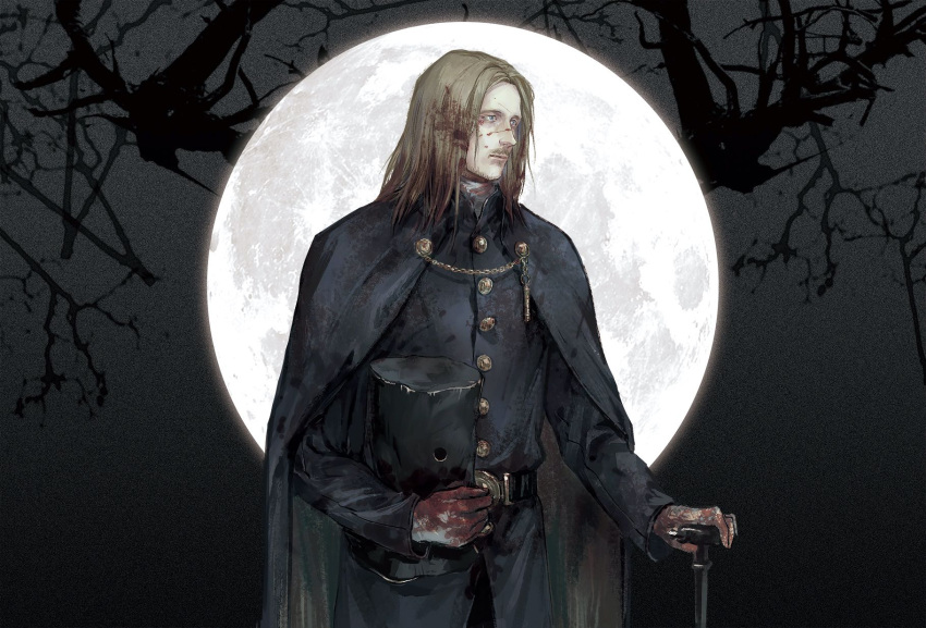 1boy, beard, belt, blonde_hair, blood, blood_on_face, blood_stain, bloodborne, bloody_clothes, bloody_hair, blue_eyes, bucket, cane, cape, chain, cloak, coat, facial_hair, gloves, headwear_removed, helmet, helmet_removed, highres, holding, long_hair, long_sleeves, looking_to_the_side, male_focus, moon, mustache, outdoors, pilgrim_(silentreverie), shirt, solo, standing, tree_branch, valtr_(bloodborne)