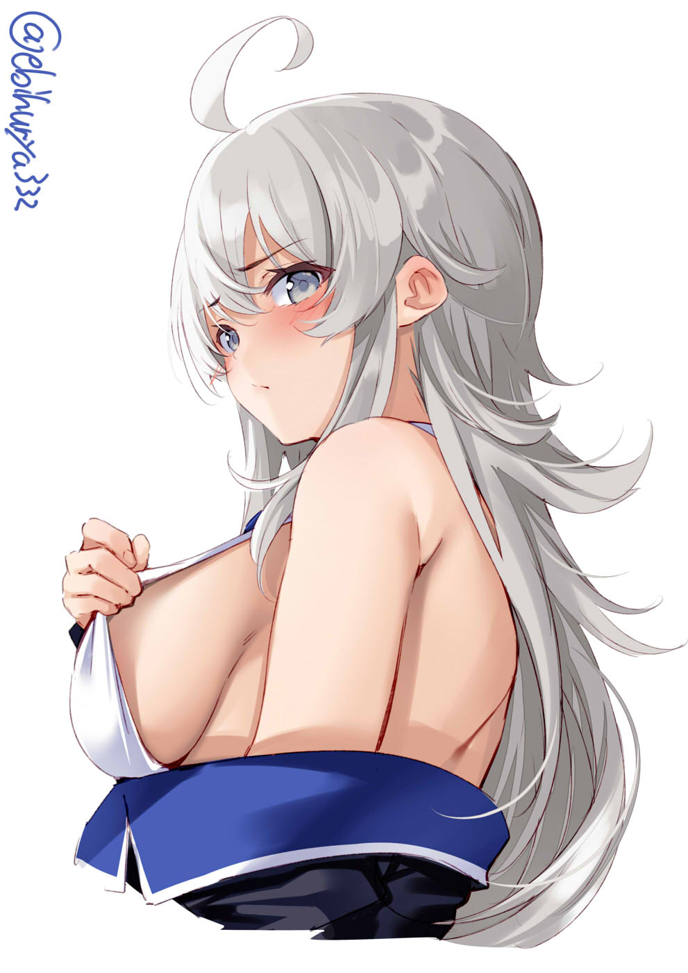 1girl, ahoge, back, bare_shoulders, black_jacket, blue_neckwear, blush, breasts, ebifurya, eyebrows_visible_through_hair, grey_eyes, headgear, highres, jacket, kantai_collection, long_hair, looking_at_viewer, looking_to_the_side, medium_breasts, military, military_uniform, necktie, off_shoulder, shirt, silver_hair, sleeveless, sleeveless_shirt, smile, solo, uniform, upper_body, washington_(kantai_collection), white_shirt