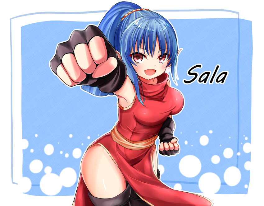 1girl, :d, absurdres, black_gloves, black_legwear, blue_background, blue_hair, character_name