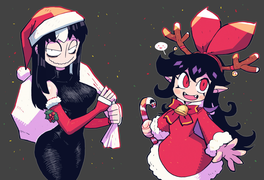 2girls, :3, :d, absurdres, antler_ornament, bags_under_eyes, bell, black_dress