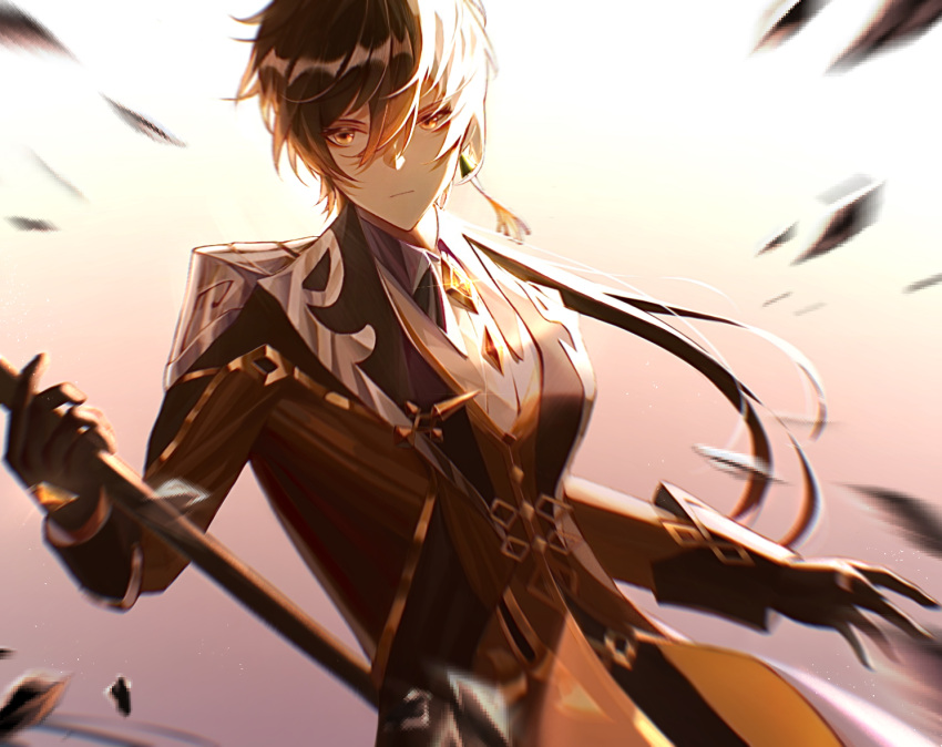 1boy, bangs, black_gloves, black_hair, blurry, brown_hair, closed_mouth, collar