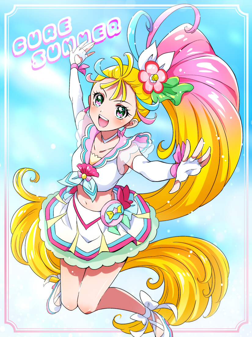 1girl, :d, ankle_bow, bare_legs, blonde_hair, blue_hair, bow, character_name