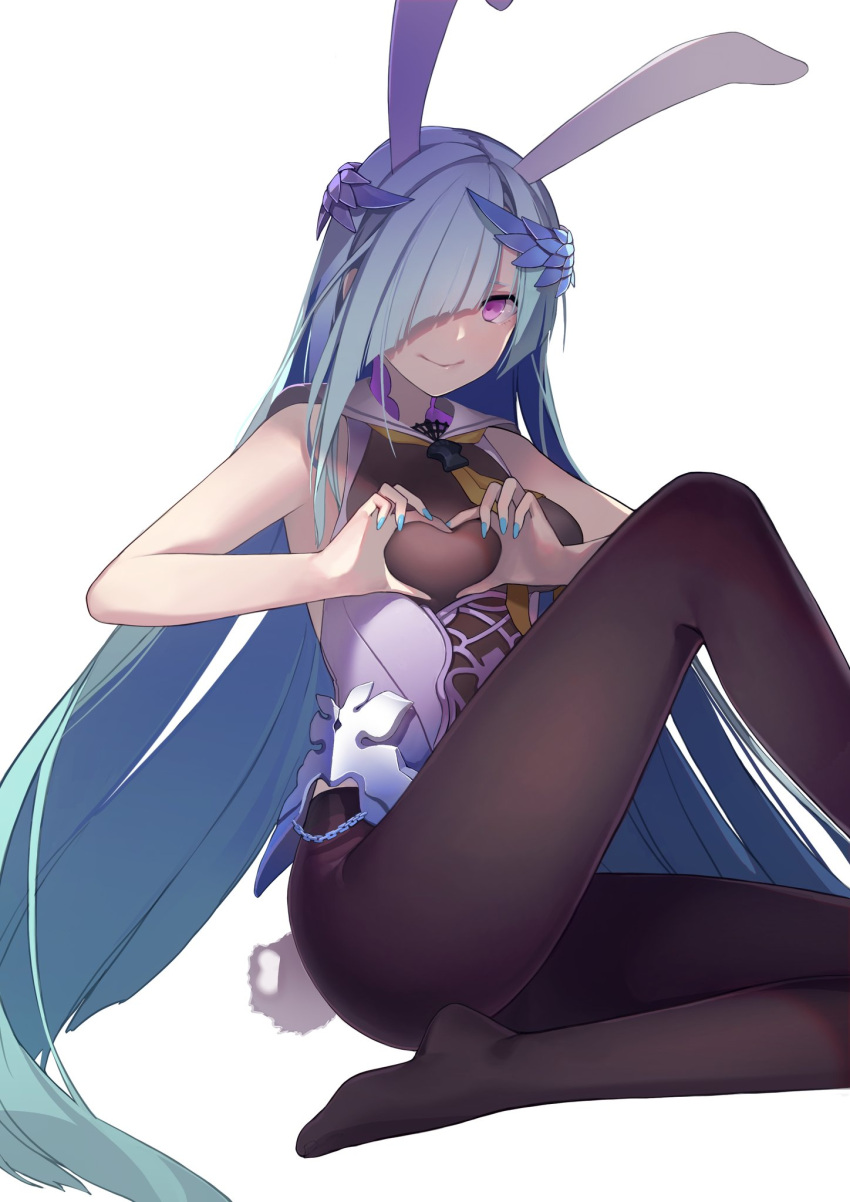animal_ears, aqua_hair, bare_shoulders, blue_nails, bunny_tail, chain, closed_mouth, copyright_request
