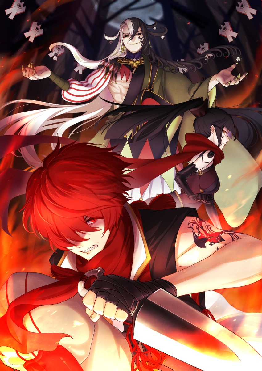 1girl, 2boys, absurdres, ashiya_douman_(fate), asymmetrical_clothes, asymmetrical_hair, bell, black_eyes, black_hair, curly_hair, earrings, embers, evil_smile, fate/grand_order, fate_(series), fingernails, fire, floating, floating_object, fuji_(pixiv35145847), fuuma_kotarou_(fate/grand_order), green_eyeshadow, green_kimono, green_lipstick, green_nails, hair_bell, hair_between_eyes, hair_intakes, hair_ornament, highres, huge_filesize, japanese_clothes, jewelry, katou_danzou_(fate/grand_order), kimono, lipstick, long_hair, magatama, magatama_earrings, makeup, multicolored_hair, multiple_boys, ninja, open_clothes, open_kimono, red_scarf, redhead, ribbed_sleeves, scarf, sharp_fingernails, shikigami, smile, toned, toned_male, two-tone_hair, very_long_fingernails, very_long_hair, white_hair