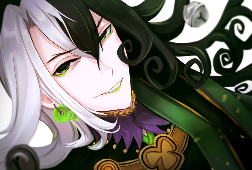 1boy, ashiya_douman_(fate), asymmetrical_clothes, asymmetrical_hair, bell, black_eyes, black_hair, close-up