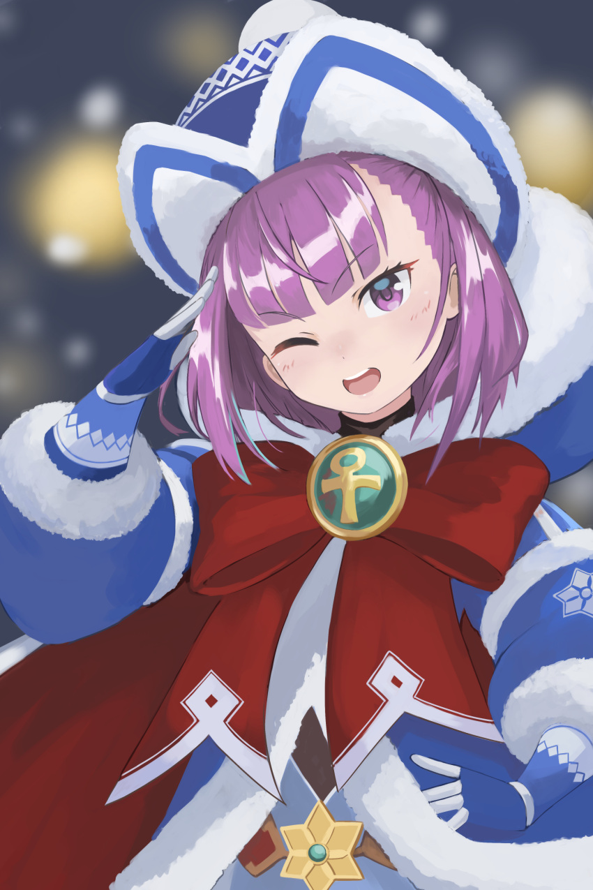 1girl, ankh, badge, bangs, beanie, blue_coat, blue_dress, blue_gloves