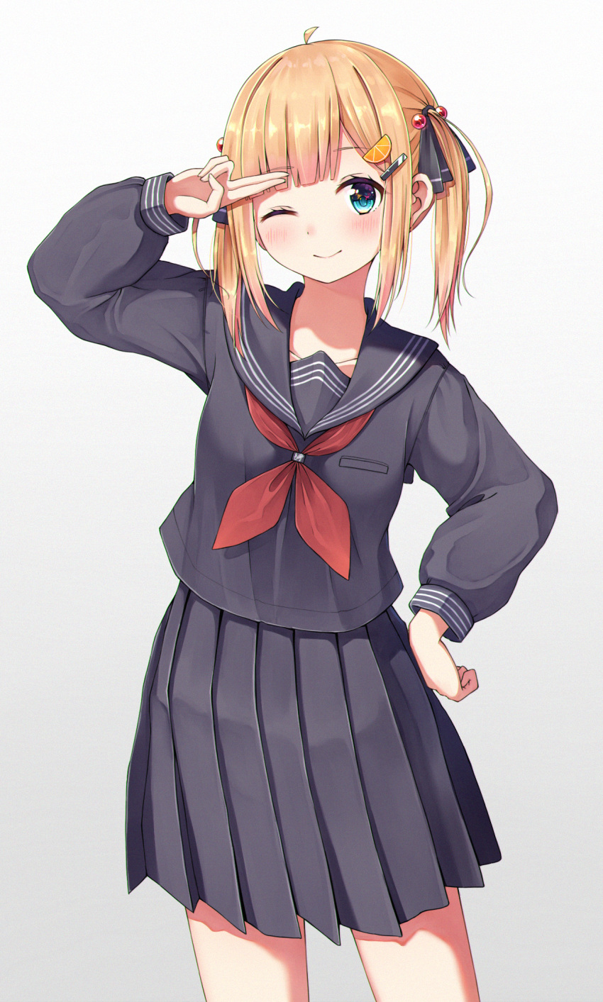 1girl, ;), ahoge, arm_up, bangs, black_ribbon, black_sailor_collar, black_serafuku