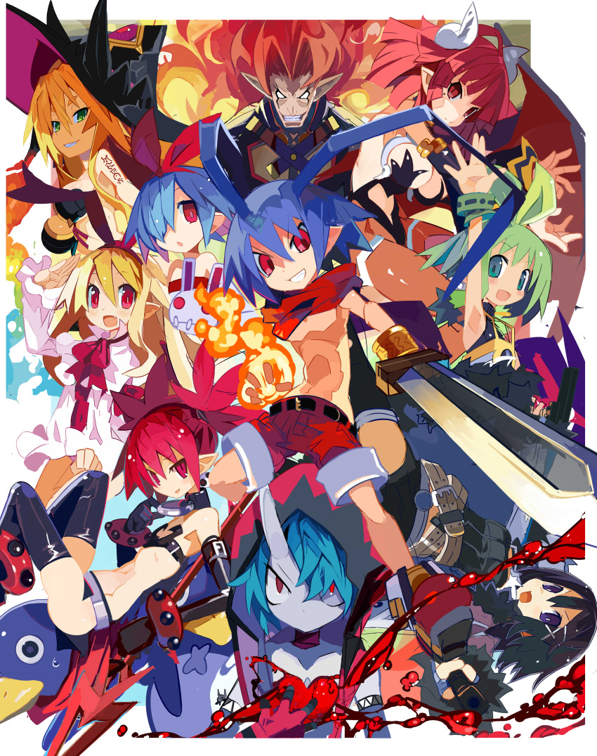3boys, 6+girls, absurdres, ahoge, asagiri_asagi, blonde_hair, blue_hair, boots