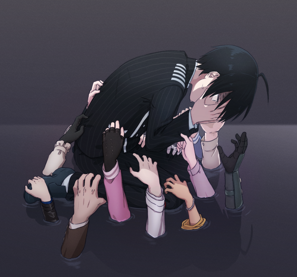1boy, ahoge, akamatsu_kaede, arm_grab, black_gloves, black_hair, chabashira_tenko, commentary_request
