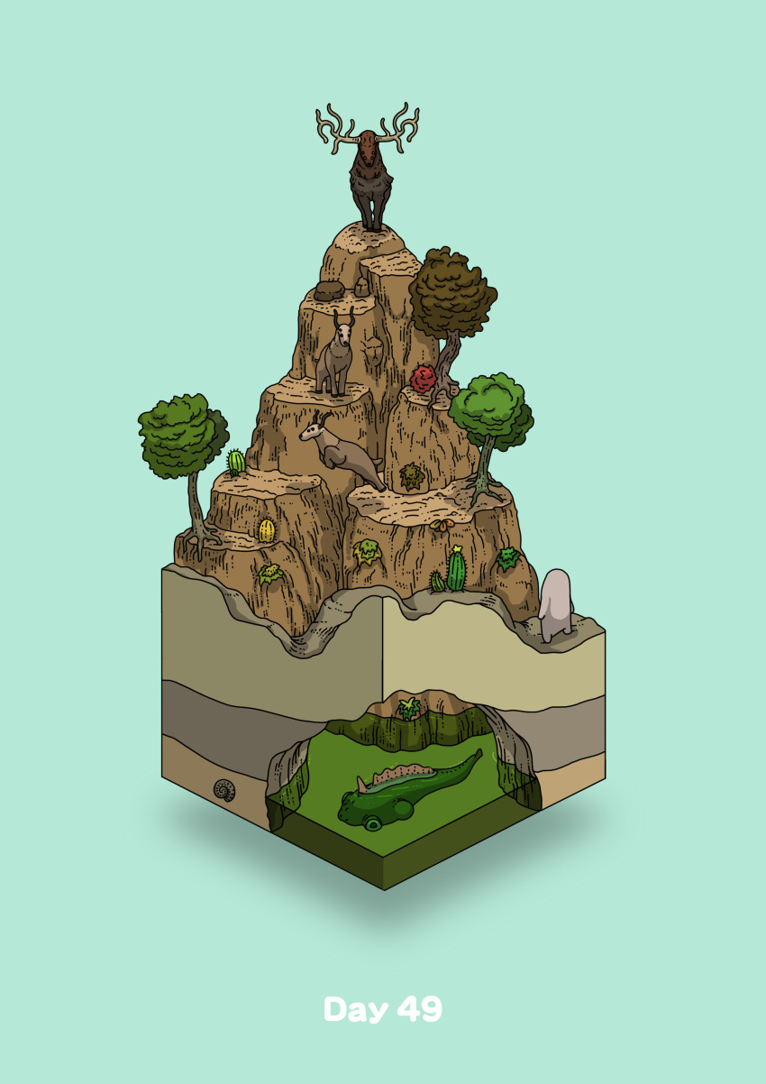 absurdres, antlers, aqua_background, cactus, commentary_request, deer, diorama, fish