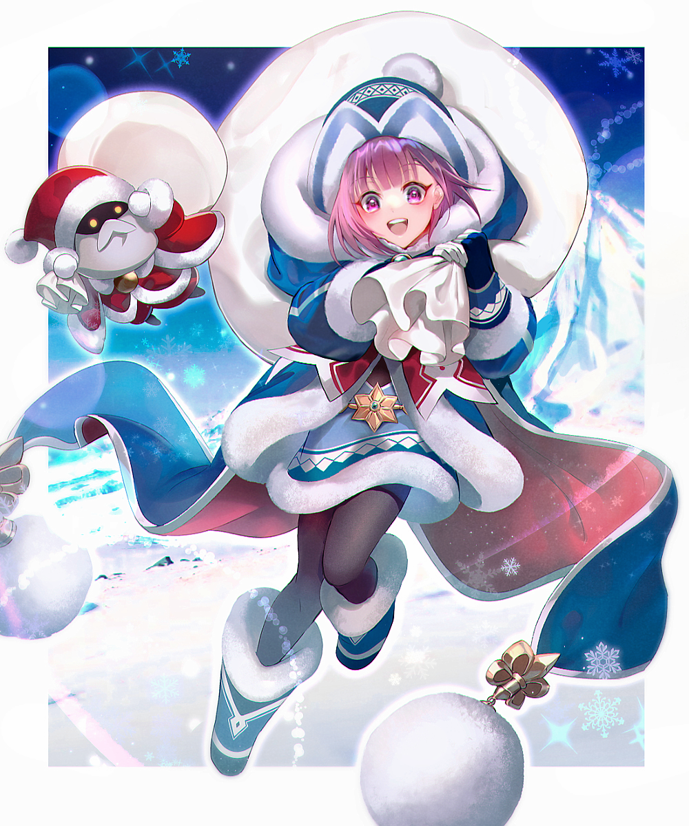 1girl, bangs, beanie, black_legwear, blue_coat, blue_dress, blue_footwear, blue_gloves