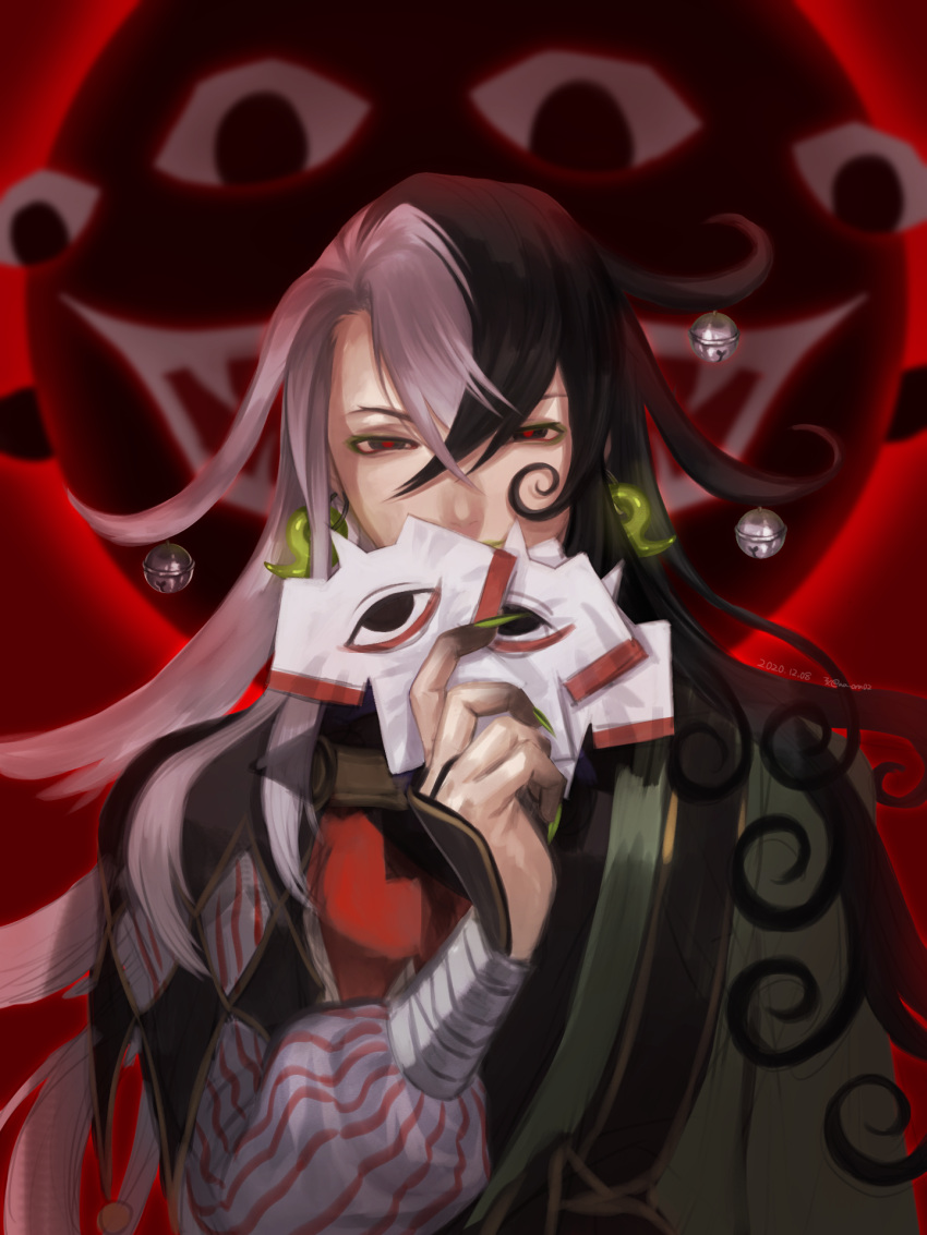 1boy, akimitsu-dono, ashiya_douman_(fate), asymmetrical_clothes, asymmetrical_hair, bell, black_eyes, black_hair