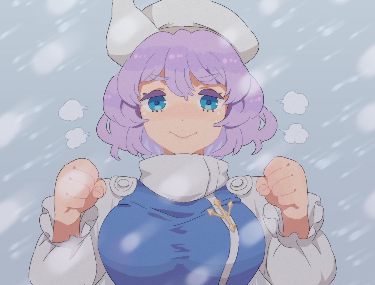 1girl, :>, =3, bangs, blizzard, blue_dress, blue_eyes, blurry