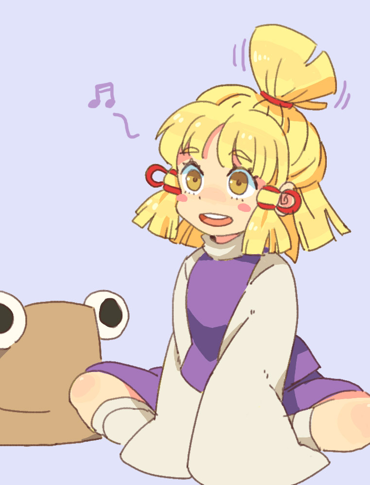 1girl, alternate_hairstyle, arm_support, bangs, beamed_sixteenth_notes, blonde_hair, blush, brown_headwear