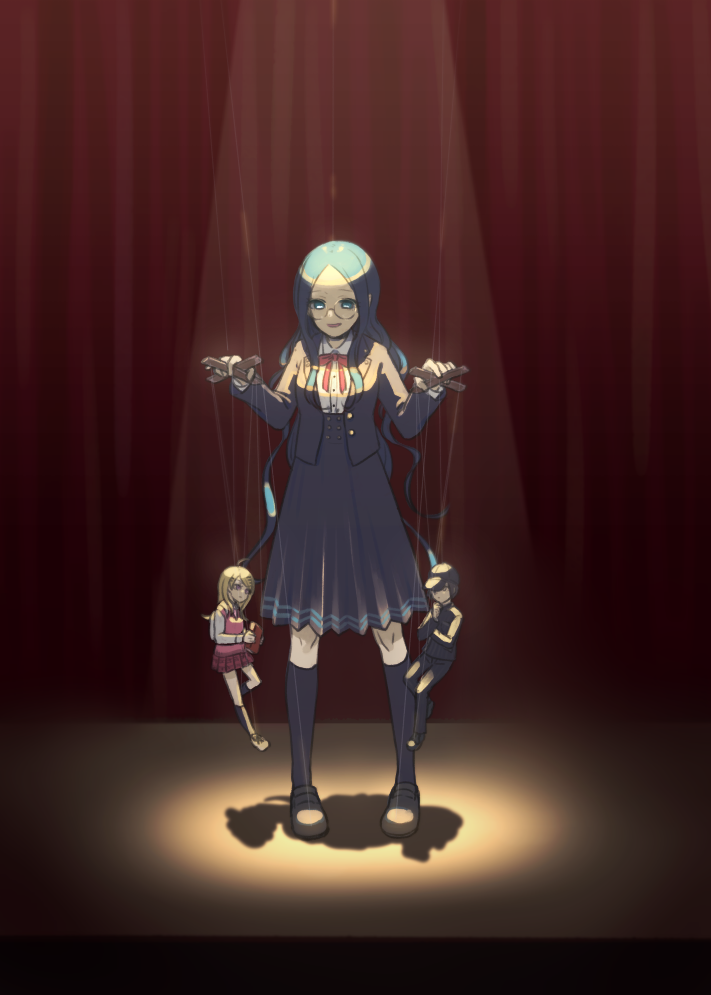1girl, akamatsu_kaede, backpack, bag, bangs, black_footwear, black_hair, black_jacket, black_legwear, black_pants, blue_eyes, blue_hair, character_doll, commentary_request, curtains, dangan_ronpa_(series), dangan_ronpa_v3:_killing_harmony, dress_shirt, full_body, glasses, holding, jacket, kana_(kttn_r), kneehighs, long_hair, long_sleeves, looking_down, neck_ribbon, open_mouth, pants, parted_bangs, pink_skirt, puppet_strings, red_ribbon, ribbon, round_eyewear, saihara_shuuichi, shirogane_tsumugi, shirt, shoes, skirt, smile, solo, spoilers, white_shirt