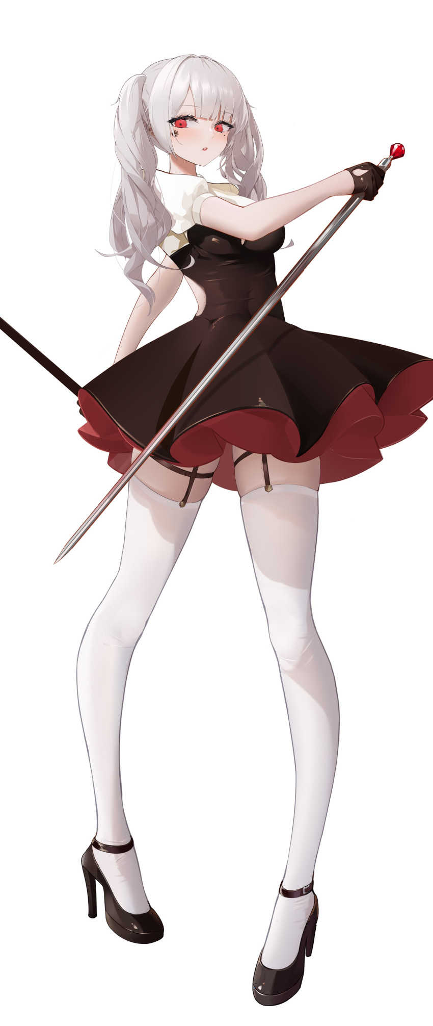 1girl, absurdres, black_dress, black_footwear, black_gloves, blush, dress, dual_wielding