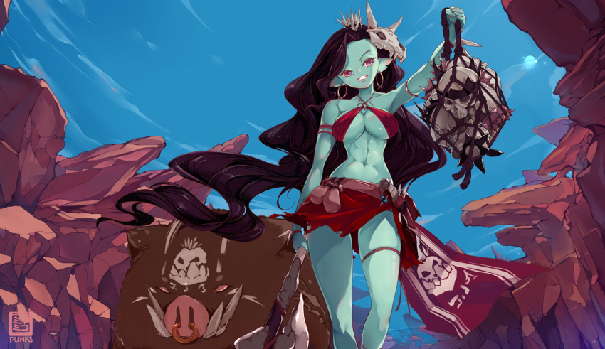 1girl, abs, axe, belt, bikini, black_hair, blue_sky, boar, breasts, day, earrings, fang, goblin, grin, hair_ornament, head_tilt, holding, holding_axe, hoop_earrings, jewelry, knife, large_breasts, long_hair, looking_at_viewer, nekomimipunks, original, outdoors, pointy_ears, red_bikini, red_sarong, sarong, sheath, sheathed, skull, skull_hair_ornament, sky, smile, stone_axe, swimsuit, under_boob, very_long_hair, violet_eyes