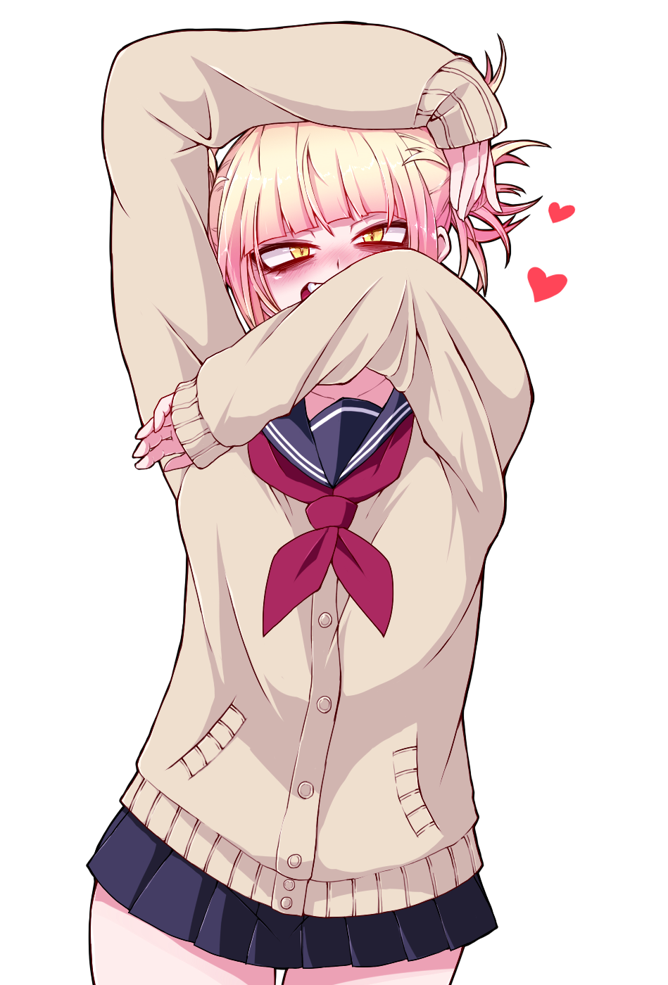 1girl, arm_on_head, arm_up, bangs, blonde_hair, blunt_bangs, blush, boku_no_hero_academia