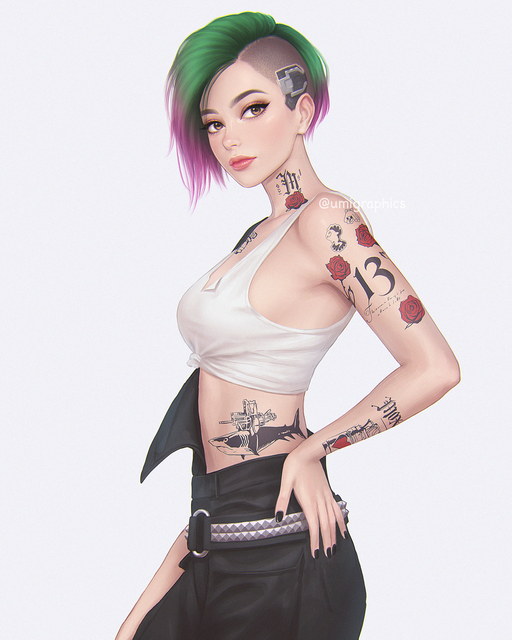 1girl, arm_tattoo, breasts, brown_eyes, cyberpunk_2077, front-tie_top, green_hair, hand_on_hip