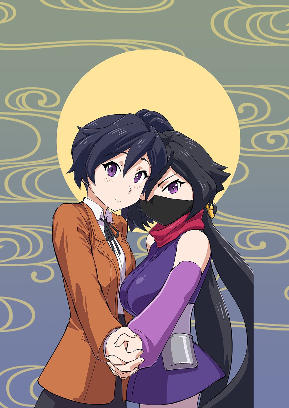 2girls, ayame_(gundam_build_divers), bare_shoulders, black_hair, blazer, blue_hair, blush, breasts