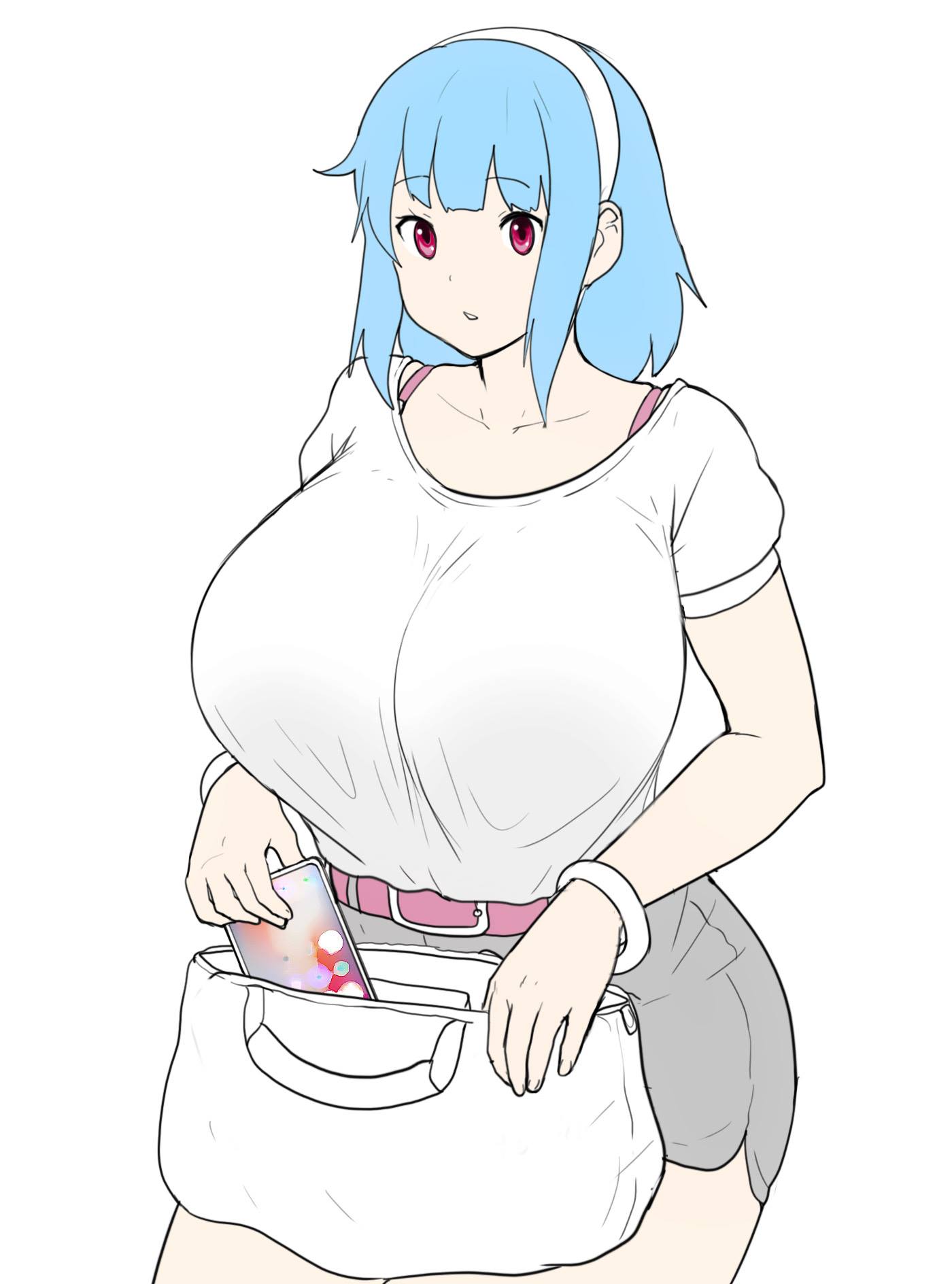 :o, android_(os), bag, bangs, belt, black_shorts, blue_hair, bra_strap