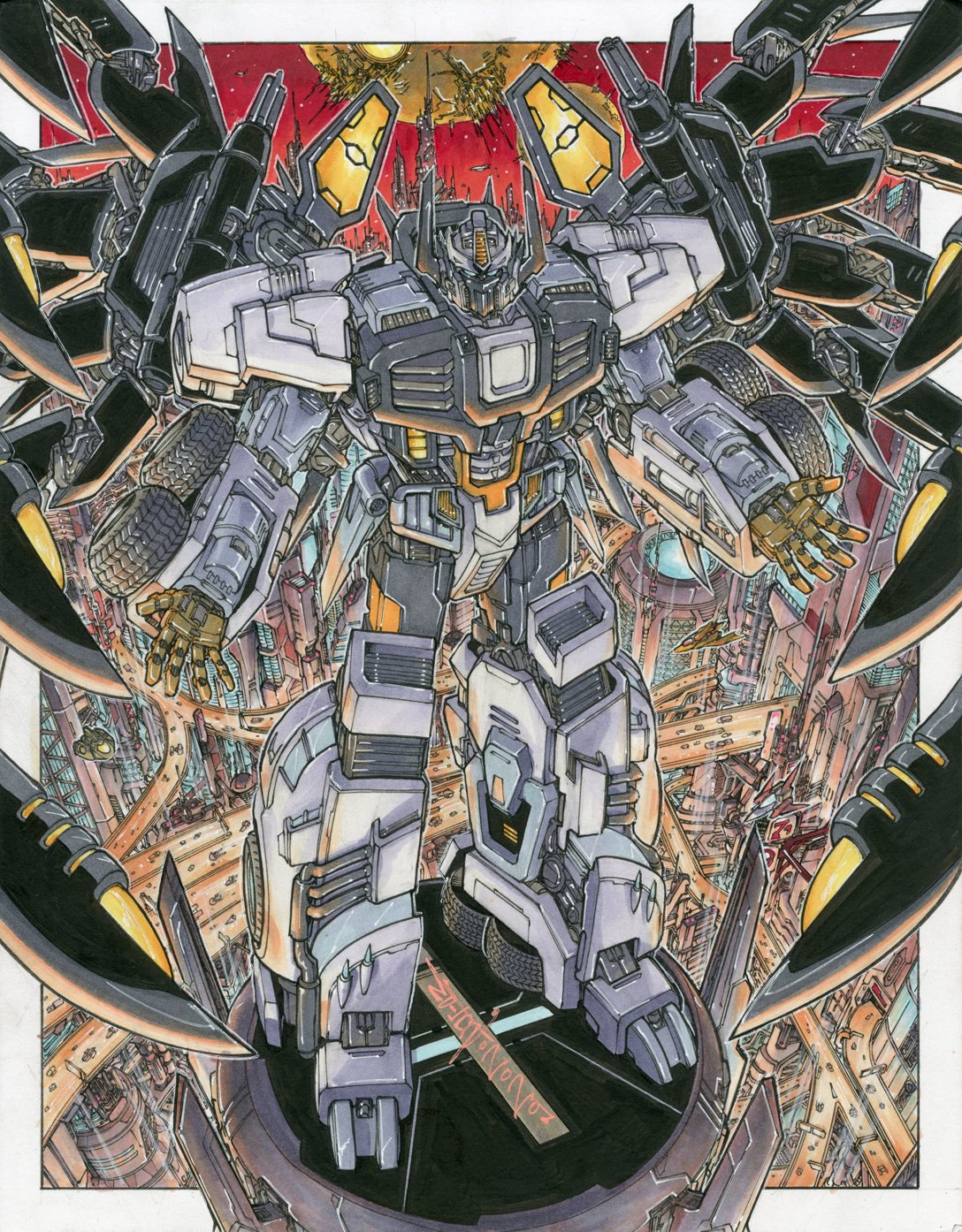 alex_milne, autobot, city, commission, cybertron, english_commentary, highres, looking_at_viewer, looking_up, mecha, mechanical_wings, no_humans, nova_prime, open_hands, science_fiction, solo, the_transformers_(idw), traditional_media, transformers, v-fin, wings