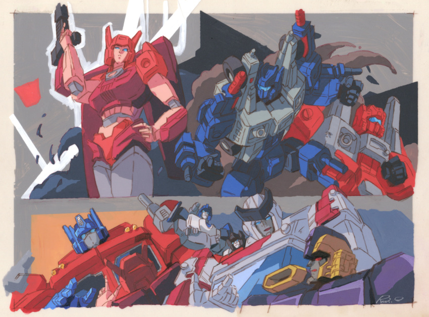 1girl, 6+boys, autobot, clenched_hands, cog_(transformers), decepticon, elita_one, gun