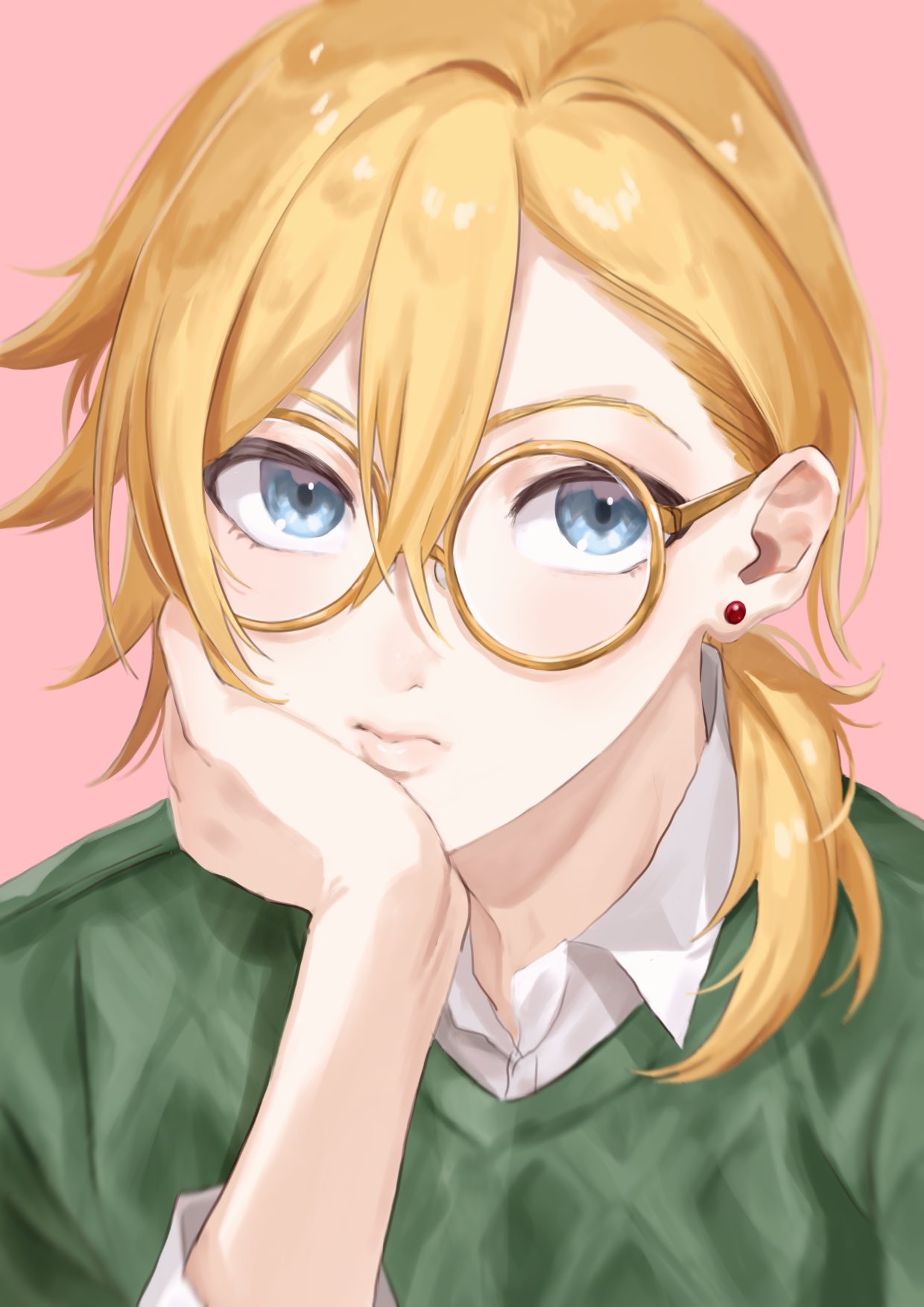1boy, close-up, collared_shirt, earrings, glasses, green_sweater, hair_behind_ear, hand_on_own_face