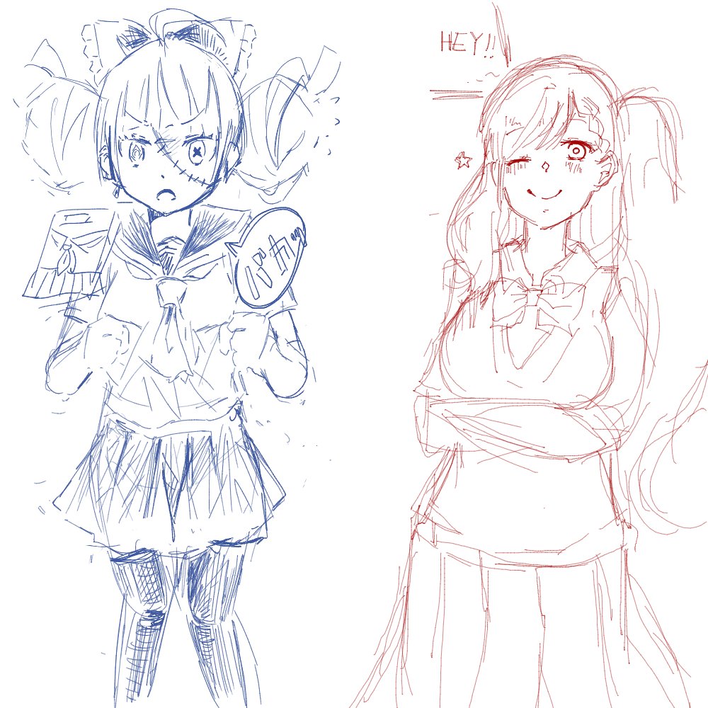 2girls, ahoge, alternate_costume, bow, bowtie, breasts, collaboration, cutting_board